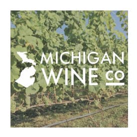 Logo of Michigan Wine Co. superimposed on a vineyard backdrop.