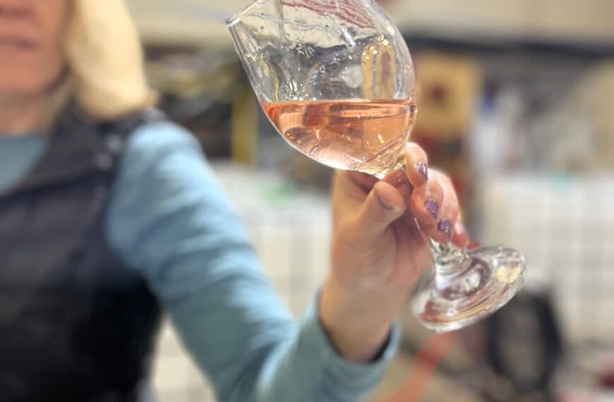 A hand holds a glass of rosé wine.
