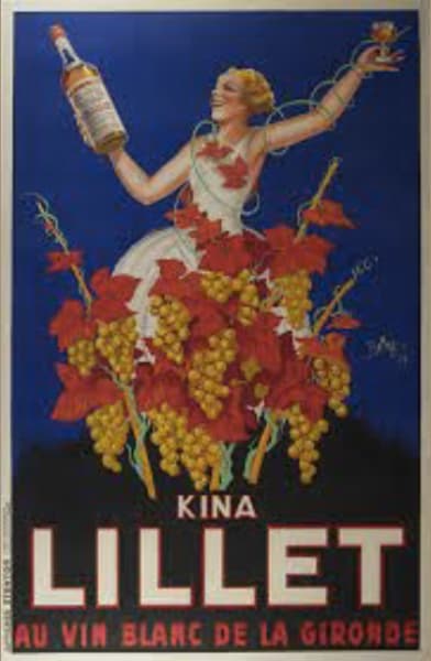 A vintage advertisement features a woman in a white dress surrounded by grapevines, joyfully holding a bottle of Lillet.