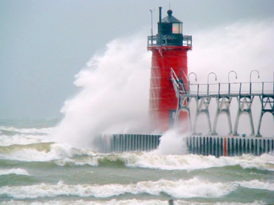 Iconic south haven lighthouse with crashing waves